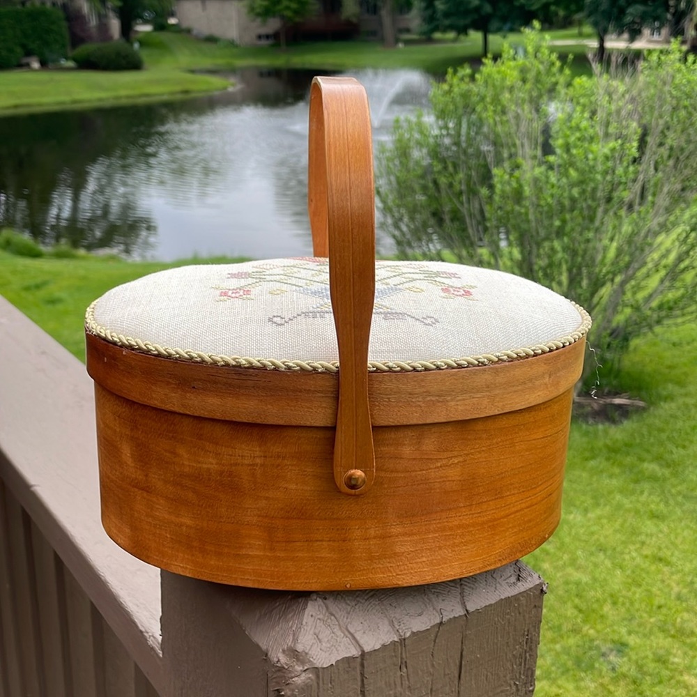 Orleans Carpenters Shaker Cherry Oval Box Basket with Handles & Embroidered Top
